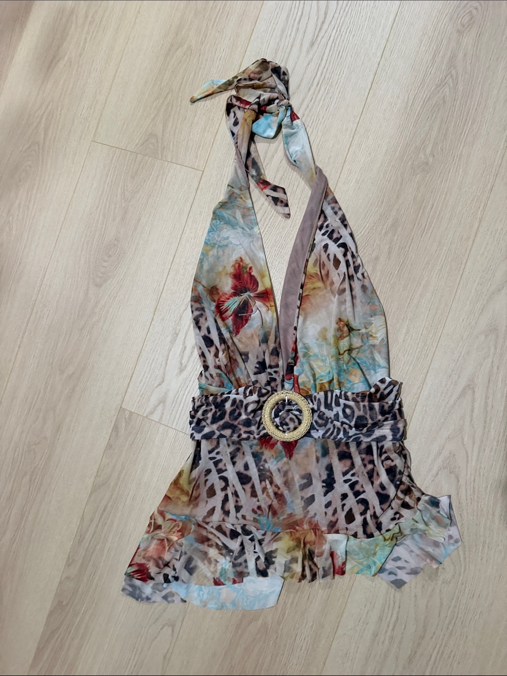 Jaded London Tropical Floral & Leopard Print Halter Dress with Decorative Buckle - Picture 3 of 4